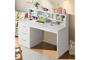 MAVERICKFURNI White Boys and Girls Desk with 3 Drawers, Wooden Kids Study Desk with Hutch, Drawing Writing and Learning Desk with Bookshelf, Children Study Computer Desk for Bedroom & Study Room, Chair not Included