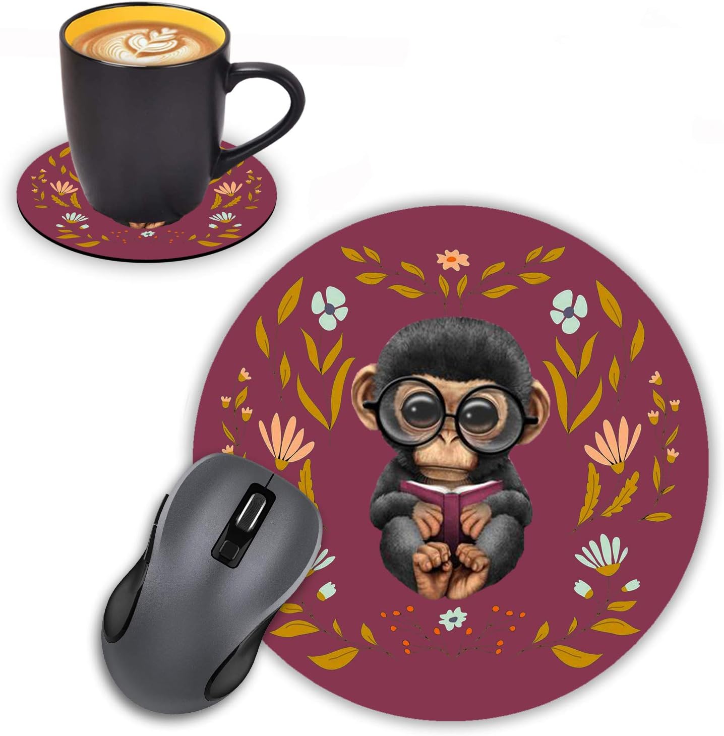 Log Zog Round Mouse Pad with Coasters Set, Floral Background Cute Monkey Design Mouse Pad Non-Slip Rubber Mousepad Office Accessories Desk Decor Mouse Pads for Computers Laptop