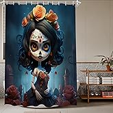 TheBlackSpot Sugar Skull Girl Shower Curtain Sets Halloween Beauty Rose Flower Bath Curtains Christmas Decor Sets Grommet with Hooks 72W × 72H inches