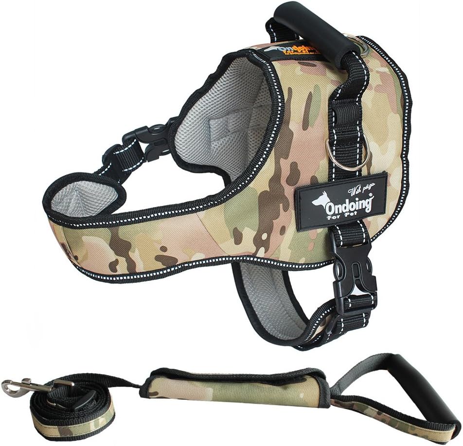 Kingcoowi Dog Vest Harness+Dog Leash Pet Chest Strap Night Light Reflective Rope Dog Leash Adjustable Dog Harness Dog Body Padded Vest (XL, Suit Camouflage Green)