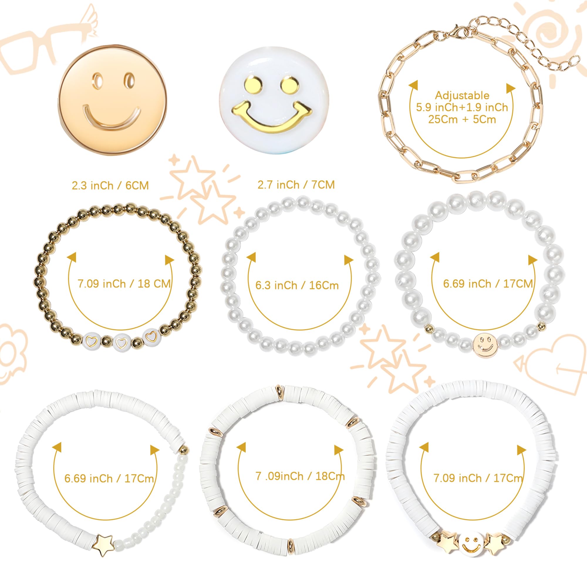 Preppy Bracelets Set Colorful White Gold Smile Heart Star Polymer Beaded Pearl Clay Stackable Charm Y2K Kidcore Aesthetic Summer Beach Bohemian Stretch Layering Bracelets Jewelry for Girls Women Teens