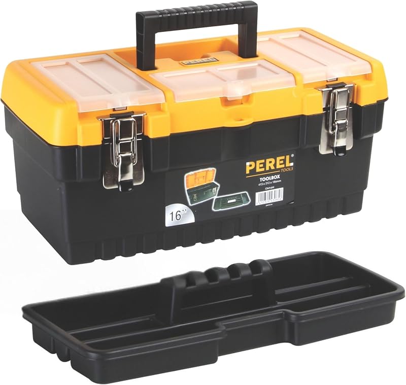 PEREL 16-inch Toolbox OM16M Metal Latches Removable Tray Organizers