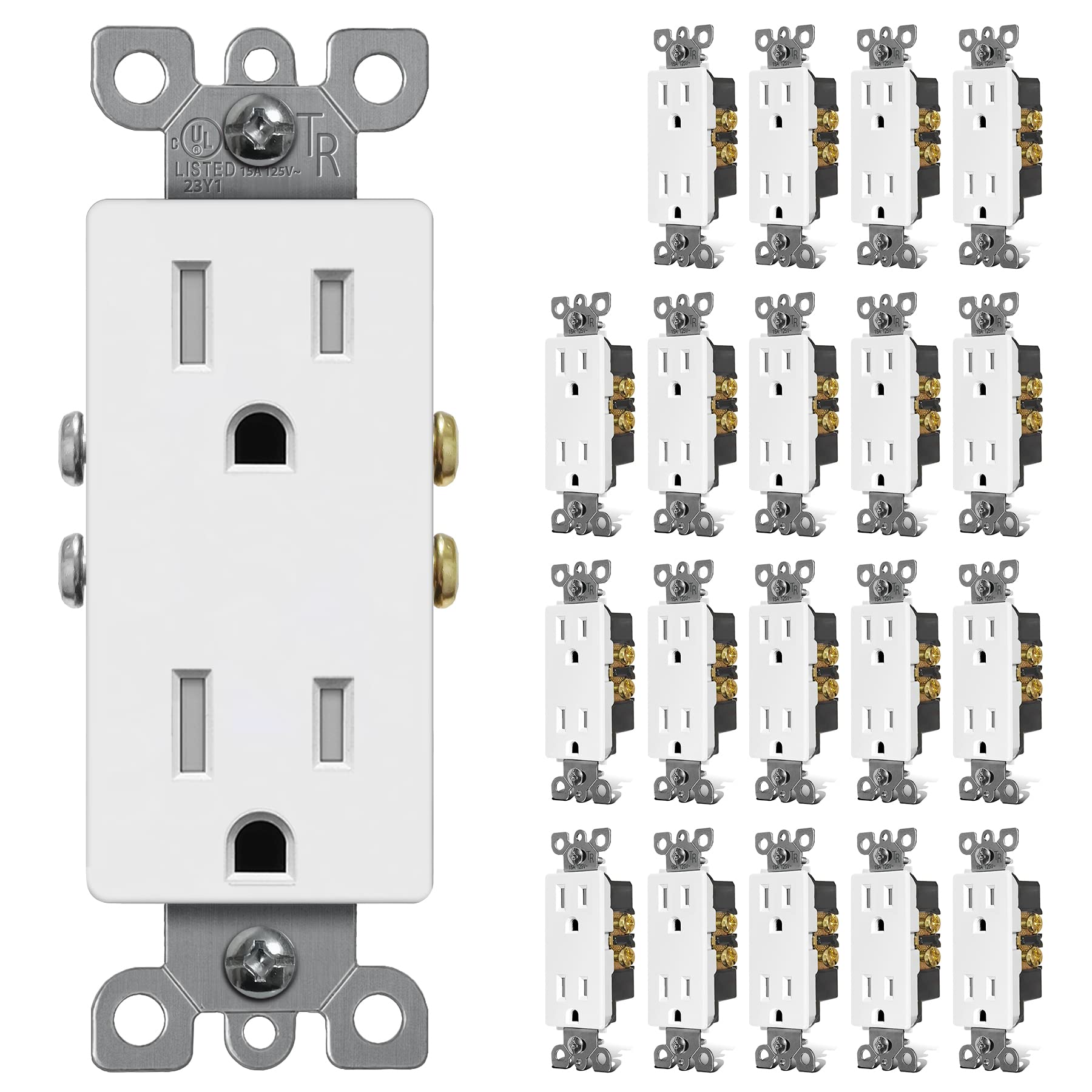 Photo 1 of CML 15 Amp Decorator Wall Receptacle Outlet, Child-Safe Tamper Resistant, Standard Electrical Outlets, 15A/125V, 2 Pole 3 Wire, UL Listed, 20 Pack, White