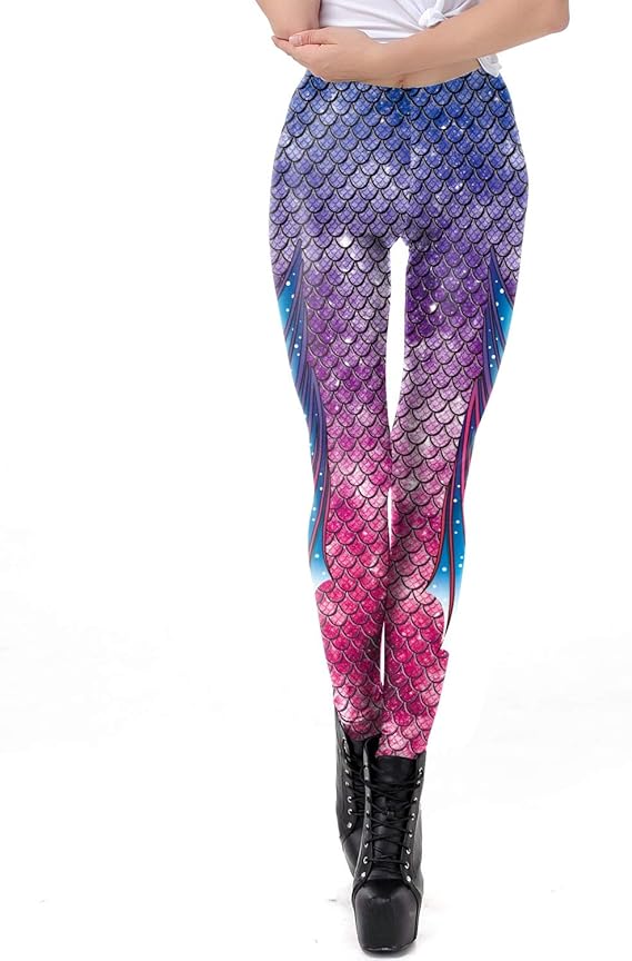 Amazon レディースレギンス ファッショントレンドデザインピンクパープルステッチ魚スケールレギンスパンツタイツ3dプリントクリスマス用女性ヨガスポーツ美しいファッショナブル ピラティスタイツ レギンス スパッツ 通販
