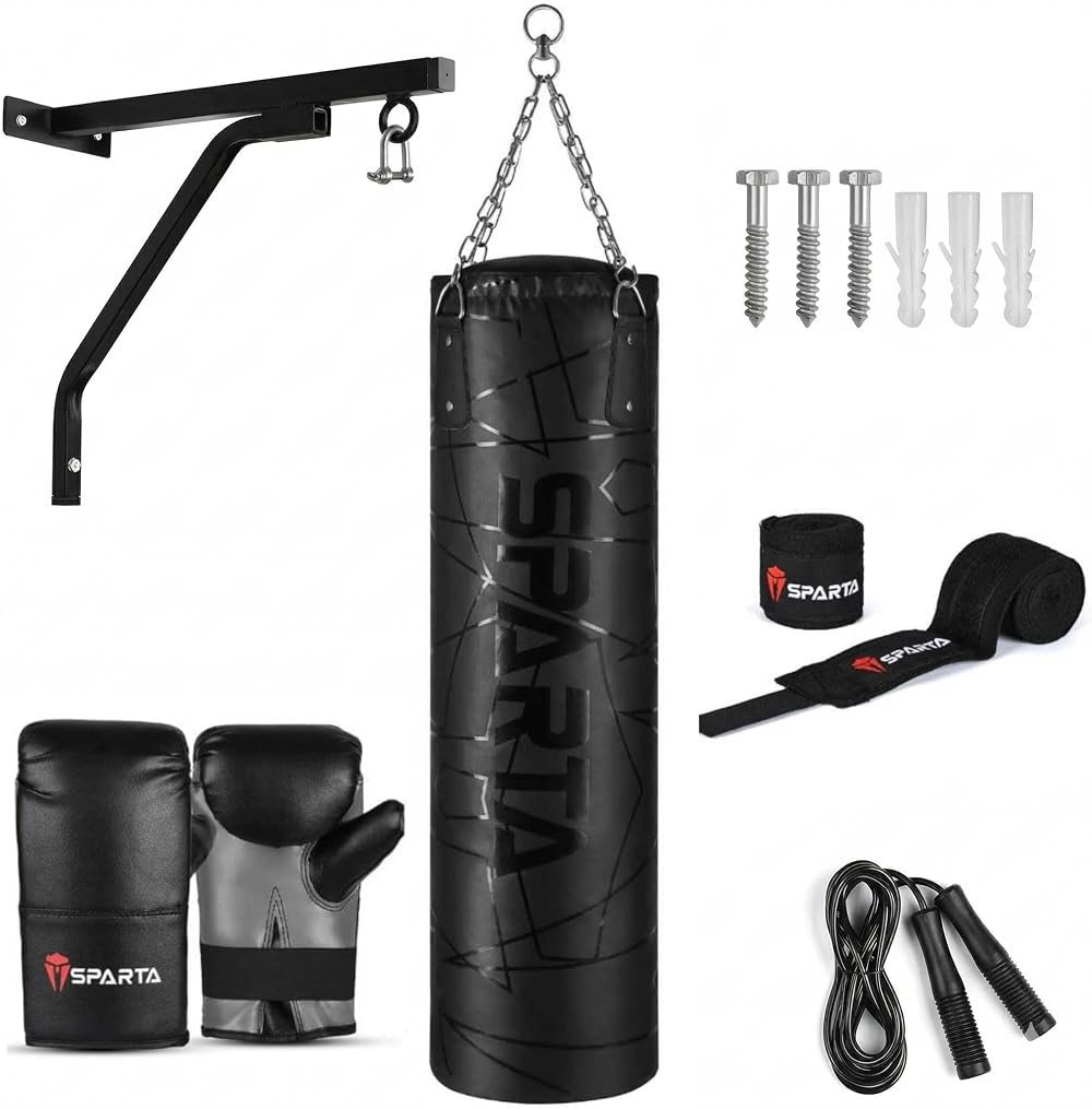 Sparta Boxing Punch Bag Set 4ft Heavy Duty Wall Bracket Gloves Kit