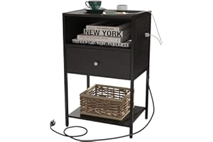 LDTTCUK Nightstand with Charging Station, Modern End Table with Drawer, Bedside Table with Open Storage for Bedroom,Black