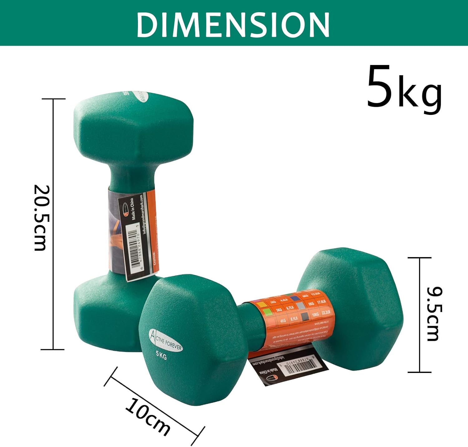 ACTIVE FOREVER Dumbbells 2×5kg, Set of 2, Hex Dumbbells Pair, Neoprene Waterproof Non-slip Dumbells Set (Dark Green) - Image 3