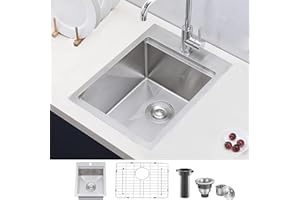 UFaucet 15x20 Drop in Bar Sink Top Mount Stainless Steel Wet Bar Sink 15 Inch Topmount Handmade Modern Commercial Small Kitchen Sink Single Bowl Workstation Prep Sink with Grid&Strainer&Cutting Board