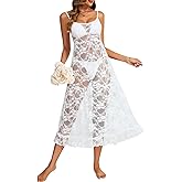 Rooscier Women's Floral Lace See Through Sheer Spaghetti Strap Sleeveless Sexy Long Nightgown
