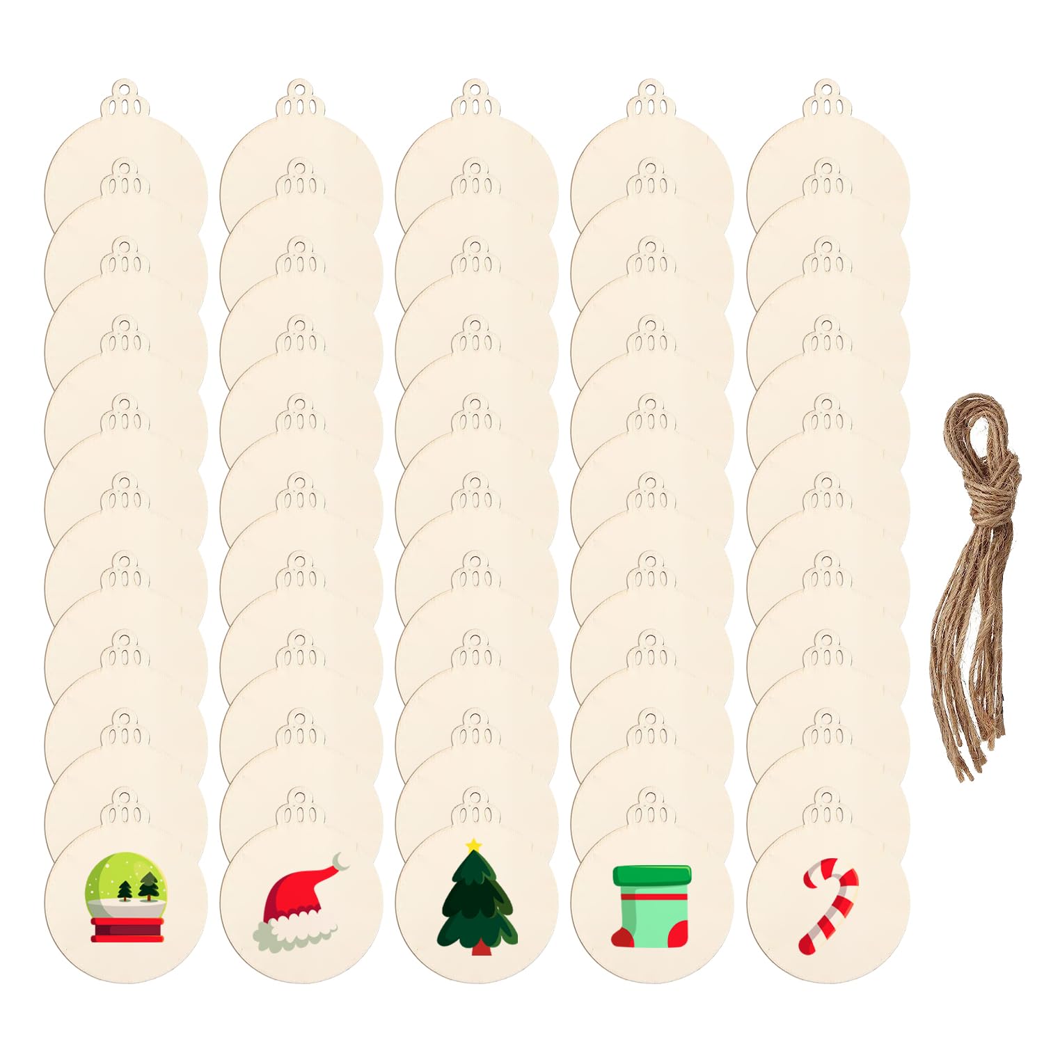 DARENYI 50 Pcs Christmas Baubles for Crafting Wood Slice Natural Ornaments Blank Wood Shapes Embellishments with String for Xmas Tree Decoration