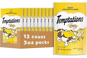 Temptations Cat Treats Classic Crunchy and Soft Cat Treats, Tasty Chicken Flavor, 3 oz. Pouch (Pack of 12)