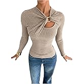 Verdusa Womens Long Sleeve Shirts Asymmetrical Tops Cut Out Going Out Knit Tops Slim Fit