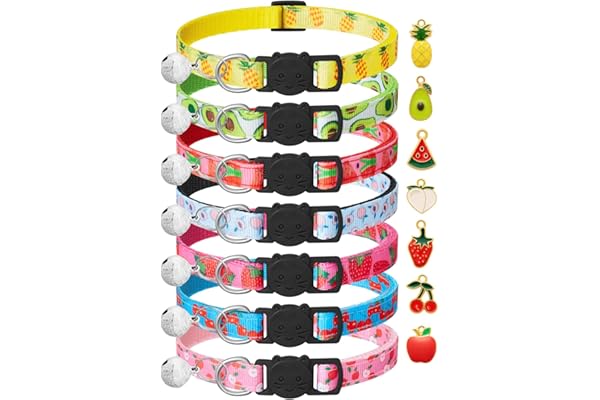 7 Pack Breakaway Cat Collars with Bells & Fruit Pendants,Safety Kitten Collar,Adjustable,Ideal for Girl Cats Boy Male Cats Pe
