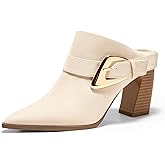 Coutgo Womens Mules Boots Chunky Stacked Heel Pointed Toe Booties Slip On Dress Boot Shoes with Buckle Decoration