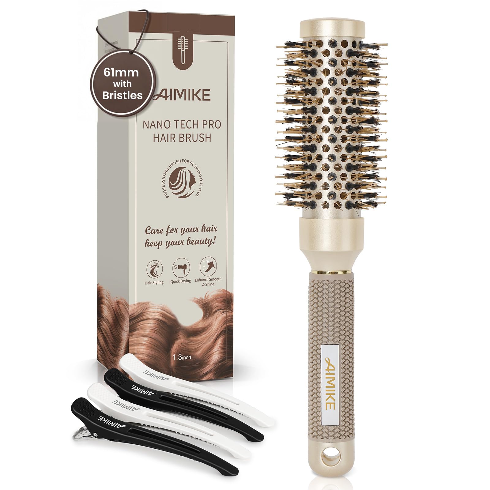 AIMIKE Round Hair Brush, Nano Thermal Ceramic & Ionic Tech Round Brush, round brushes for blow drying with Boar Bristles, Barrel Brush for Styling, Curling, Add Volume & Shine (61mm,Barrel 32mm)