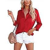 OMSJ Women's Button Down Shirts Satin V Neck Long Sleeve Casual Work Blouse Tops with Pocket