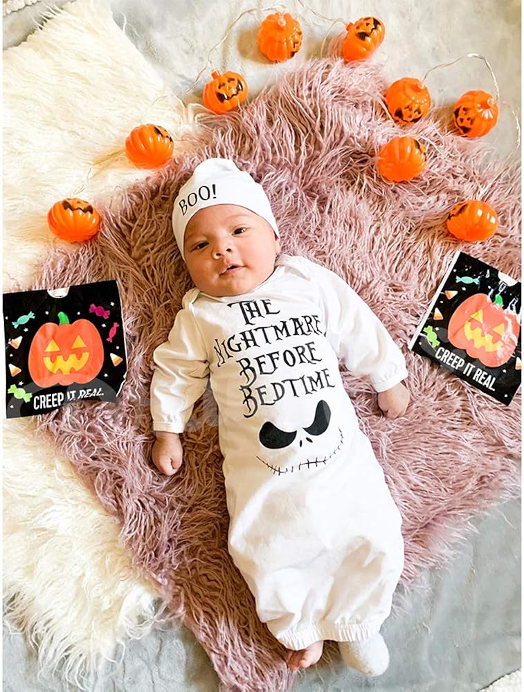 Dramiposs Newborn Halloween Gown Sleepwear Baby Boys Girls The Nightmare Before Bedtime Sleeper (white,0-3 Months): Clothing