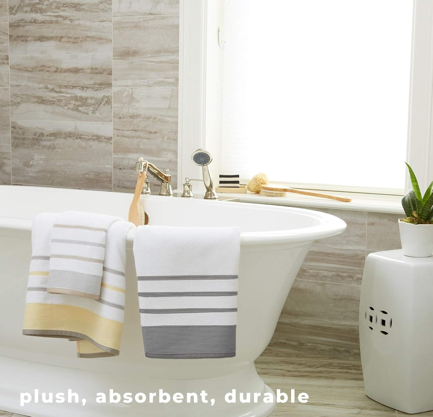 Great Bay Home 100% Turkish Cotton Striped Bath Towels, Luxury 6 Piece Set - 2 Bath Towels, 2 Hand Towels and 2 Washcloths. Highly Absorbent Quick-Dry Towels (6 Piece Set, Eucalyptus/Grey): Home & Kitchen