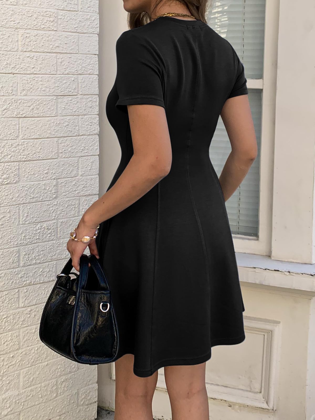 Mieazom Women's Summer Semi Formal Dress Short Sleeve A Line Ruffle Mini Short Dresses for Casual Business Work with Pockets Black M