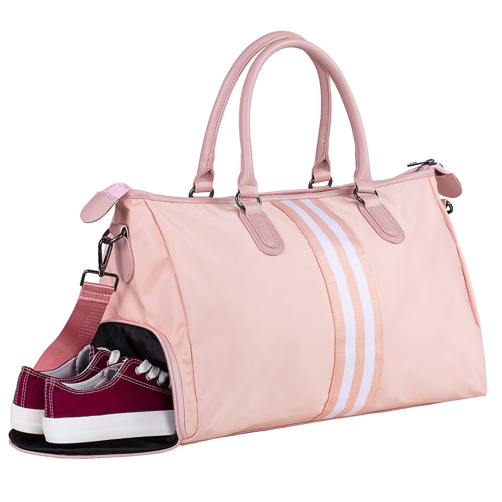 Housking Mens & Womens Carry On Travel Duffel Bag, Waterproof Sports Holdall Crossbody Overnight Weekend Shoulder Tote Bag Handbag with Separate Shoe Compartment (Pink, L)