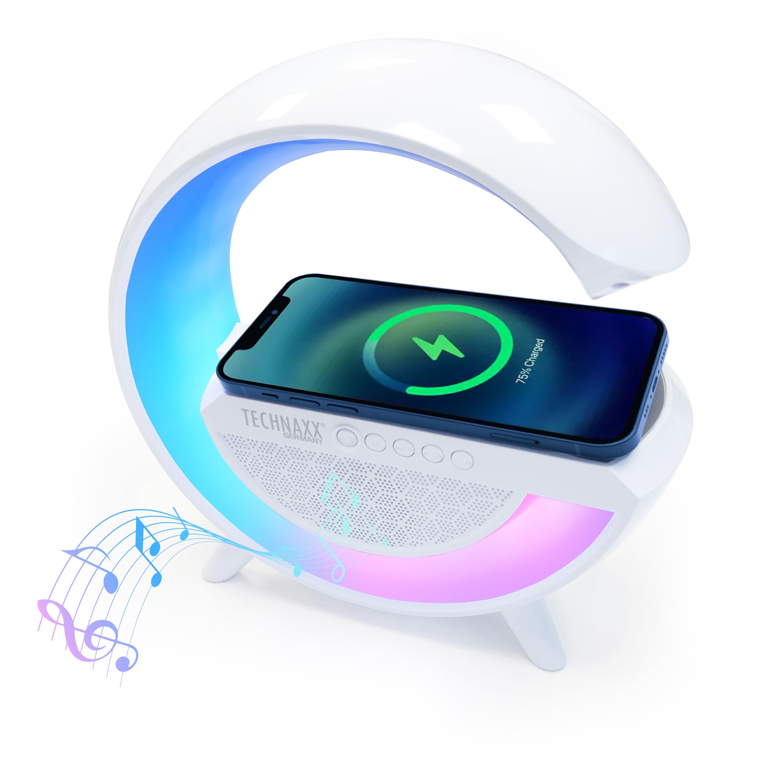Technaxx LED Nightlight Speaker With 10W Wireless Charging and 6 RGB Light Modes, G-Shape Bluetooth Speaker, Atmosphere Night Light, Multifunctional Phone Charger TX-264