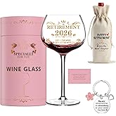 GALOFAY 2026 Retirement Gifts for Women, Personalized Art Words Red Wine Glass Set, Pink Gift Package with Goblet, Key Chain, Wine Bag, and Farewell Card for Retired Woman