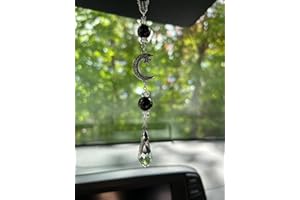 AGROMUSK Moon and Star Rear View Mirror Accessories,Crystal Obsidian Stone Bead Car Decor Boho Witchy Suncatcher Healing Car Charm Hanging Ornaments for Women Men