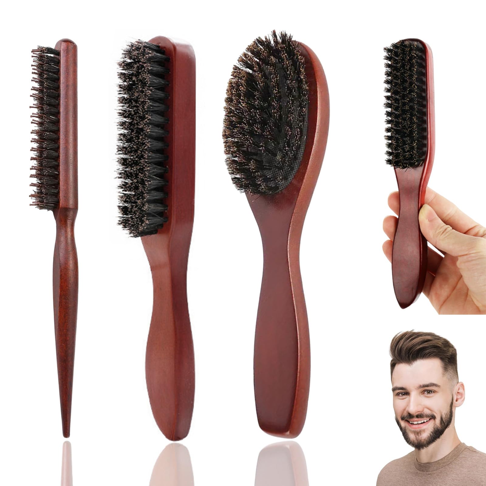 Pack of 3 Boar Bristle Brush Hair Brush with Wooden Handle Wooden Handle, Unisex, for Combing Beards and Hair, Suitable for All Hair Types