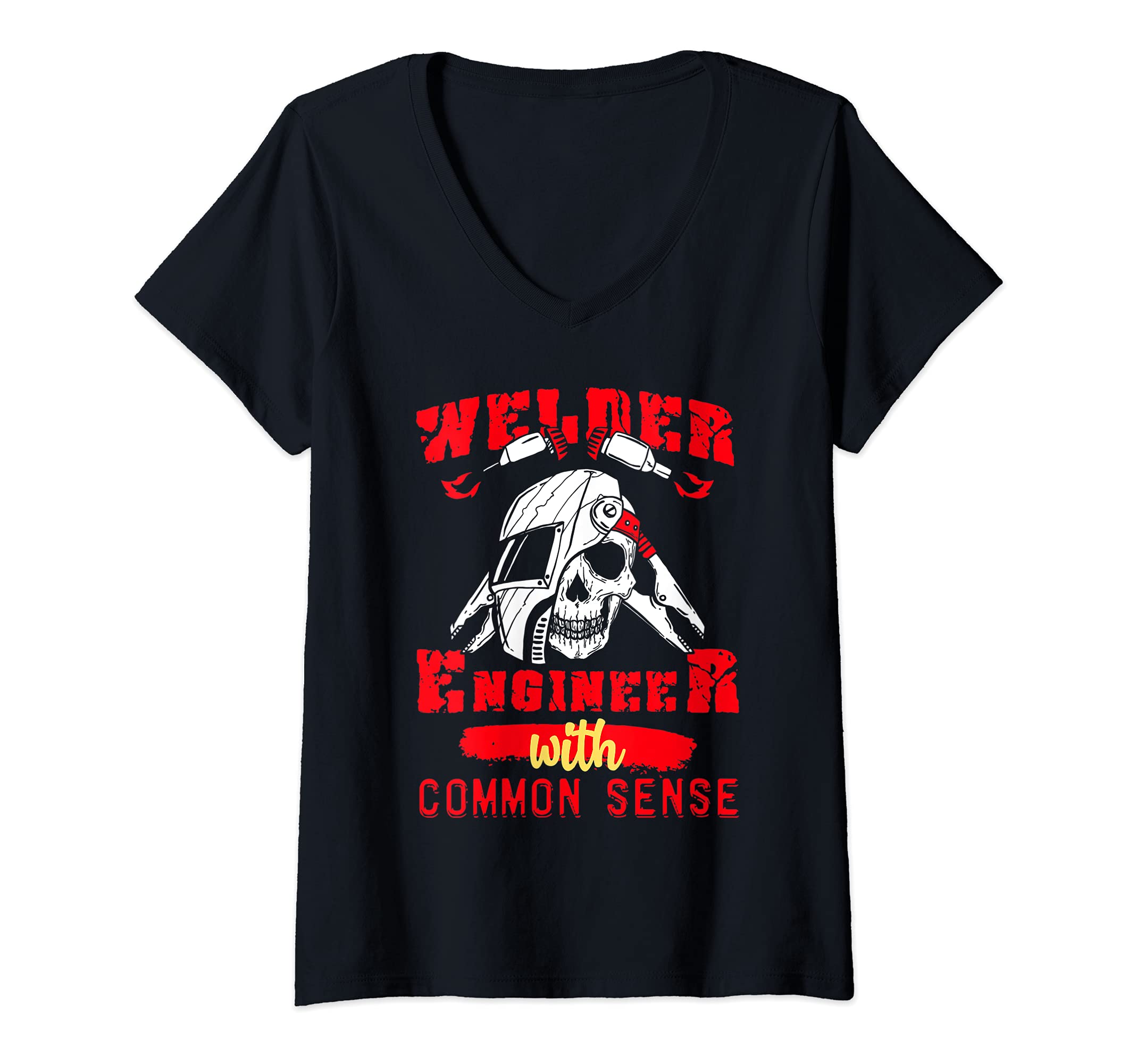 Womens Welder Engineer With Sense Skull Welding Job Engineering V-Neck T-Shirt