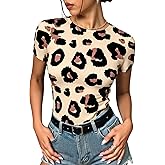 winkbay Women's Leopard Print Short Sleeve T Shirt Crew Neck Fitted Going Out Tops