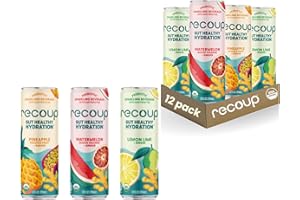 Recoup Organic Sparkling Prebiotic Drink - Variety + Ginger with Electrolytes for Gut Health Support & Hydration, No Added Sugar ((Pack of 12), Variety)