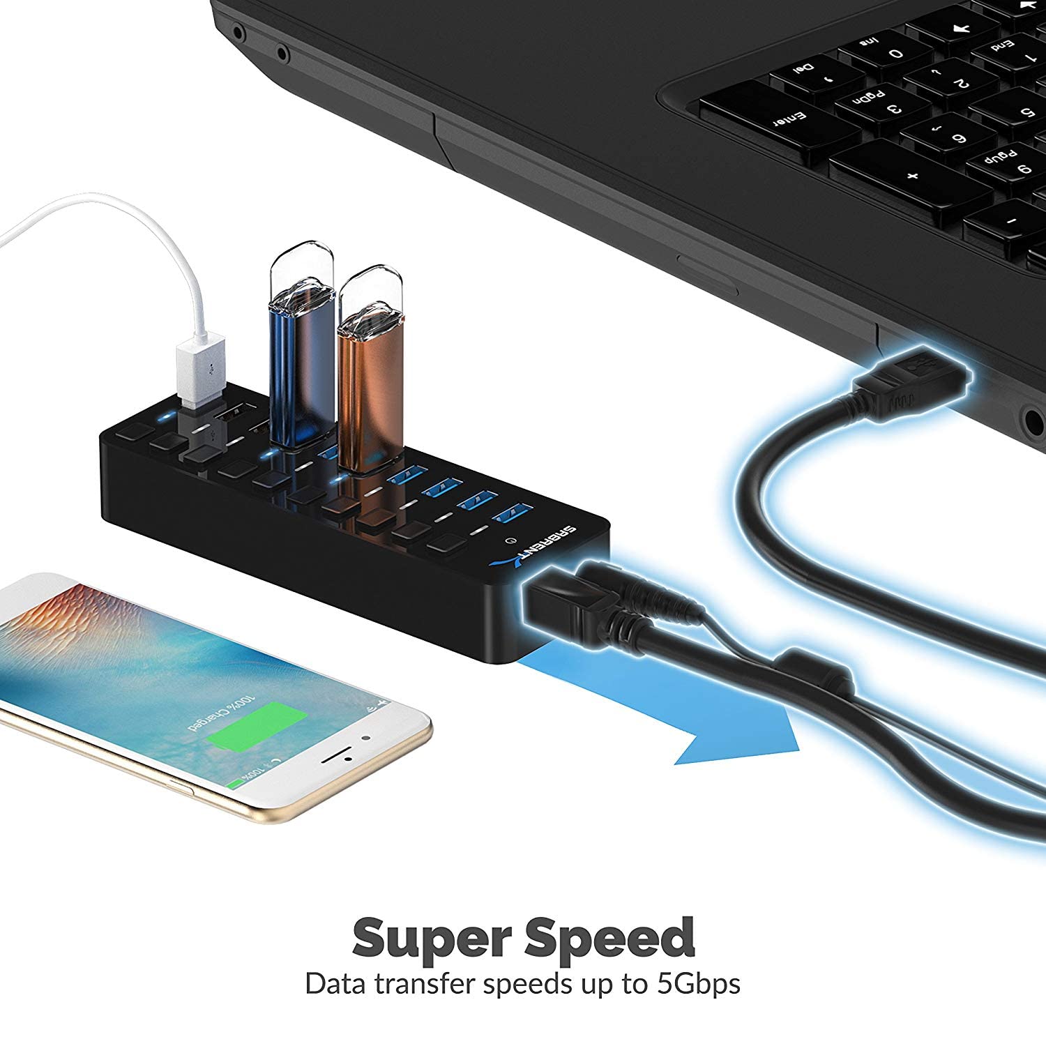SABRENT 10-Port USB 3.0 Hub, Individual Power Switches and LEDs, 3 Smart Charging Ports, 60W Power Adapter, for PC, Mac, Xbox, PS5, Laptop, Desktop, USB Devices (HB-B7C3)