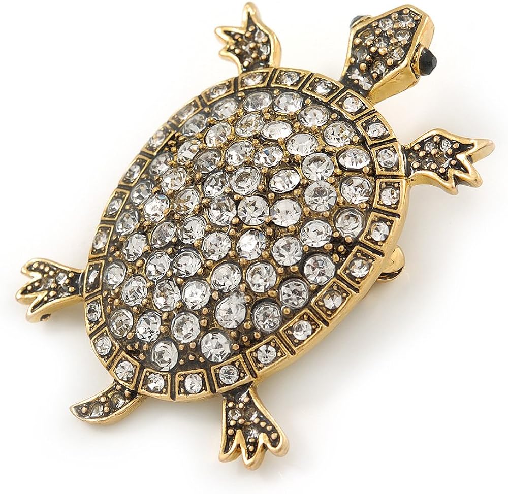Vintage Inspired Clear Crystal Turtle Brooch In Antique Gold Tone Metal - 60mm L, white / ivory, gold