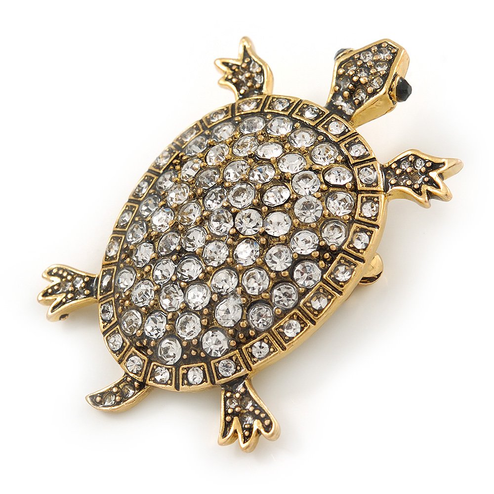 Vintage Inspired Clear Crystal Turtle Brooch In Antique Gold Tone Metal - 60mm L