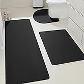 ACCUMTEK Ultra Thin Bath Mat, Upgrade Backing Non Slip Thin Bath Mats Fit Under Door, Quick Dry Ultra Absorbent Bathroom Rugs, Machine Washable Bath Rugs for Bathroom, Bathtub, Black/Solid/3 Piece