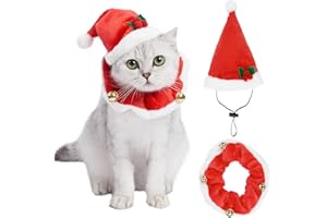 VALUCKEE Adorable Christmas Costumes for Cat, Santa Hats and Collar with Jingle Bells for Pets, Adjustable Xmas Outfit Suit Clothes Set for Pet Cat Puppy Dog, Xmas Gift Present
