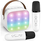 Mini Karaoke Machine for Kids 3-12 Years Old - Toddler Toys Birthday Gift for Girls Ages 3 4 5 6 7 8 9 10, Portable Bluetooth Speaker Set with 2 Wireless Microphones fits Family Fun Home Party, White