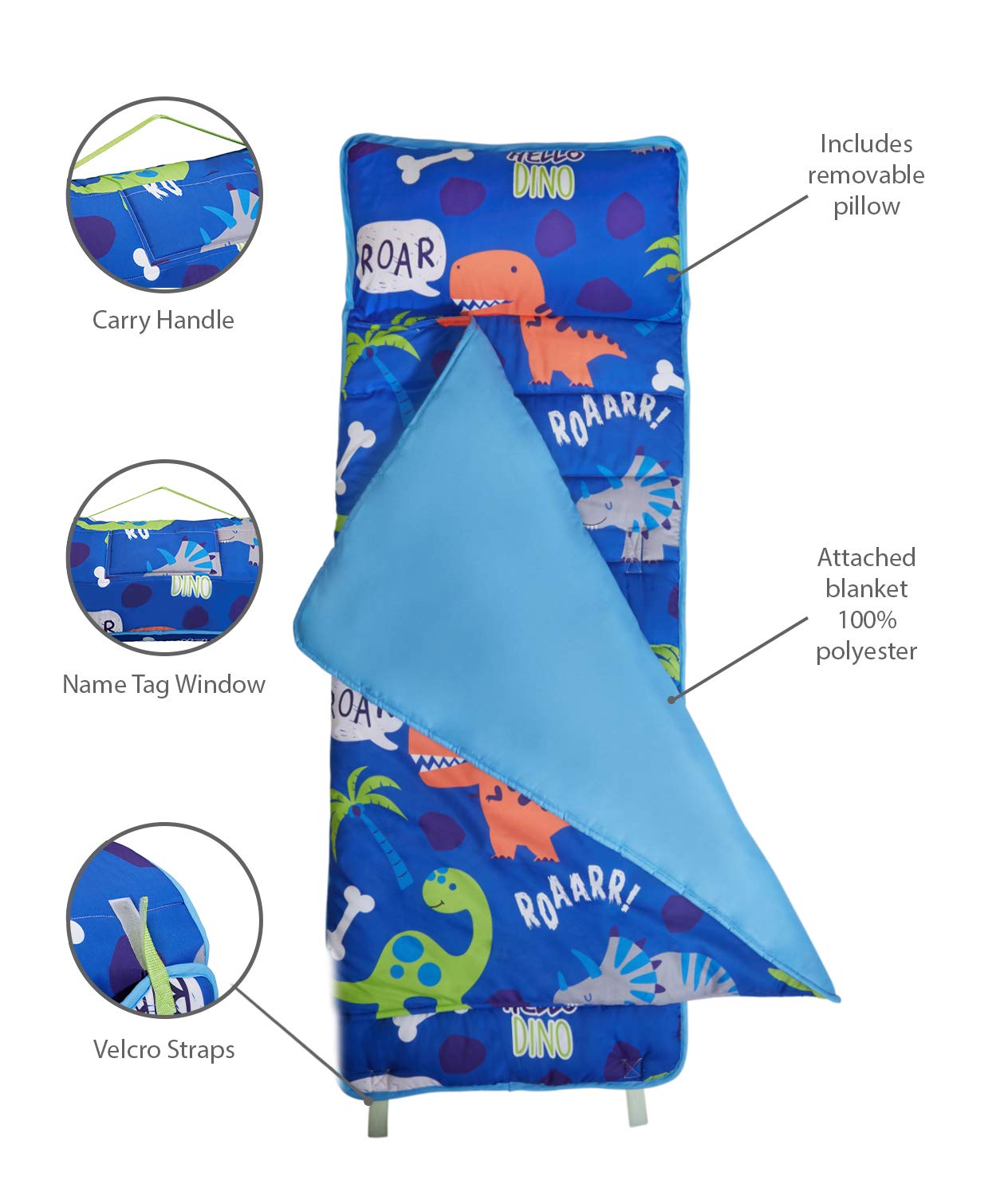EVERYDAY KIDS Nap Mat with Removable Pillow - Roarin' Dinos - Carry Handle with Straps Closure, Rollup Design, Soft Microfiber for Preschool, Daycare, Travel Sleeping Bag - Ages 3-6 Years