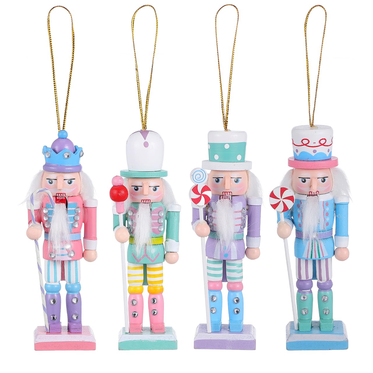 Gatuida Small Christmas Nutcracker Ornaments: 4pcs Mini Nutcracker Soldier Ornament Christmas Tree Hanging Decoration Wooden Candy Pastel Nutcracker Puppet Pendant for Xmas Tree Decor