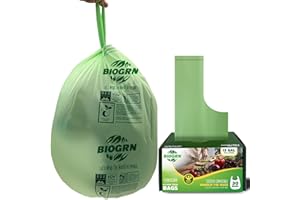 BIOGRN 10-13 Gallon Compostable Trash Bags with Handles Tie 30 Bags Biodegradable Garbage Bags Food Scrap Green Waste Bags Thick 0.87 Mil 49.21 Liter ASTM D6400, US BPI and OK Compost Home Certified