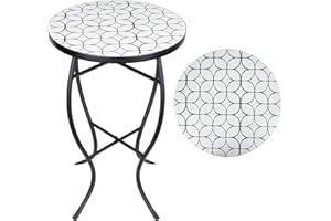 Vipush 14'' Round Outdoor Mosaic Side Table with Ceramic Table Top,Outdoor Accent Table, Outdoor Patio Furniture,Indoor End Table for Patio Garden,White