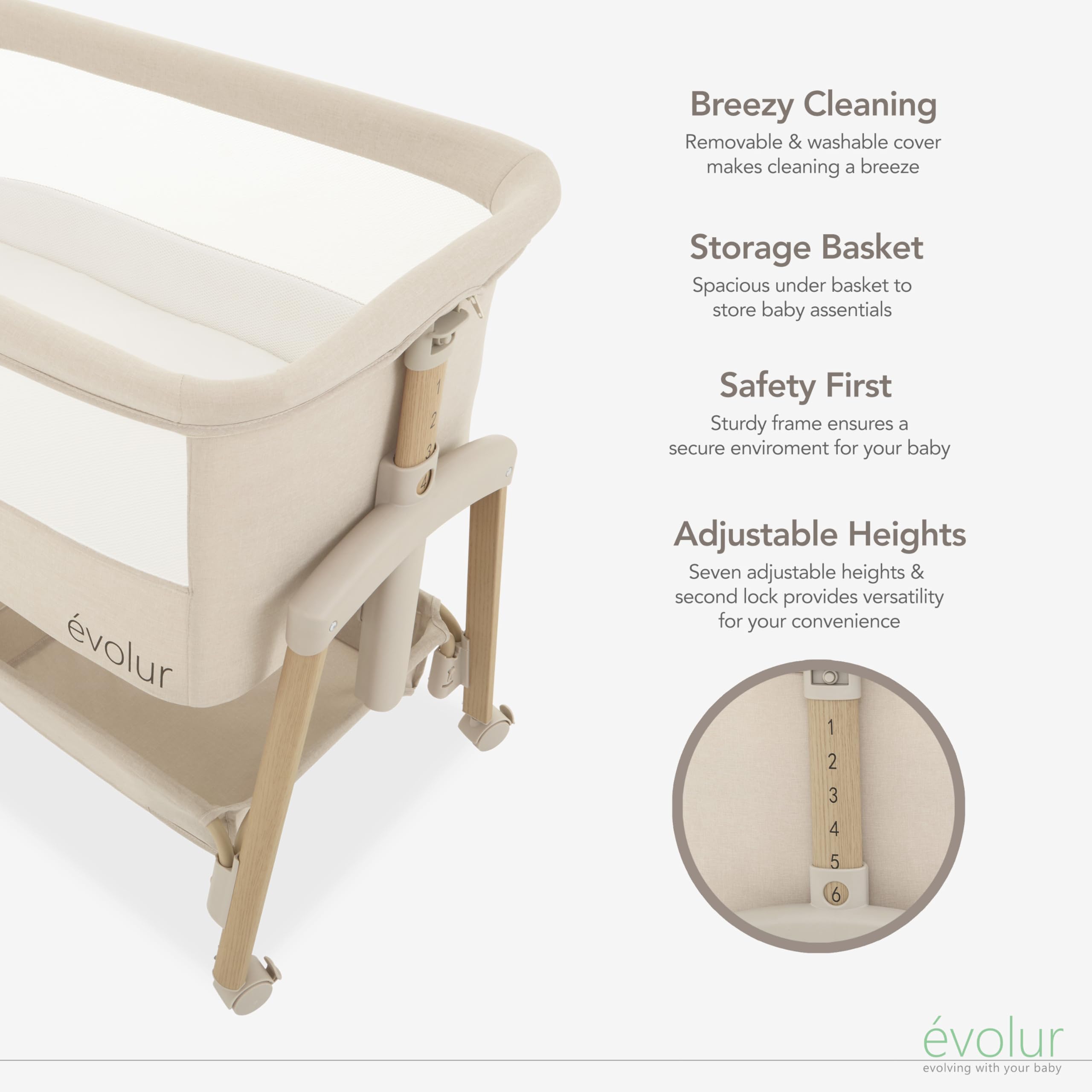 Evolur Lullaby Bedside Bassinet with Wheels, Seven Adjustable Heights, Breathable Mesh Sides Baby Bassinet, Large Storage Basket, Easy to Fold and Carry Travel Bassinet - Travel Bag Included