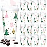 Bokon 12 Pcs Christmas Reusable Clear Plastic Cups Bulk 16oz Boho Xmas Tree Coffee Cup Bulk Pink Green Tree Tumblers with Lids for Winter Christmas Gifts Party Supplies