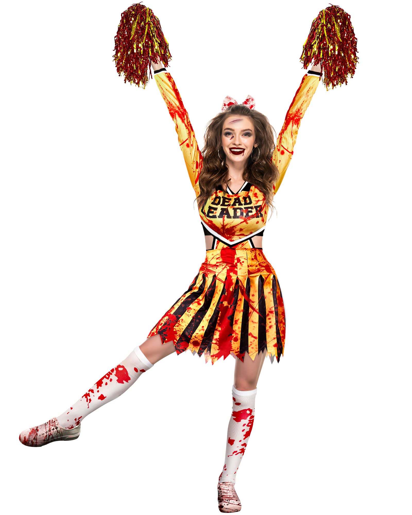 Photo 1 of Jecery Zombie Fearleader Costume Includes Cheerleader Costume 2 Metallic Foil Cheer Pom Poms Halloween Socks 1 Bloody Bow (Small)