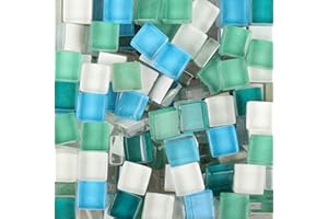 OAKBUD Mosaic Tiles for Crafts Assorted Color Glass Glitter Mosaic Supplies Pieces Bulk Square Square 1x1 cm, 220 Pieces/200g (Green White Blue Mix)