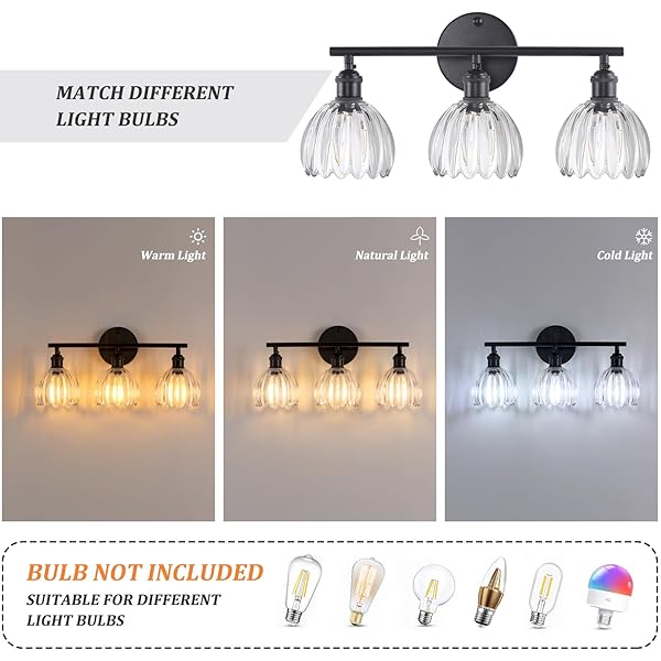 SHENMOYL BATHROOM LIGHT FIXTURES, 3-LIGHT BLACK VANITY WALL LIGHT OVER MIRROR WITH CLEAR TULIP GLASS SHADE FOR BEDROOM LIVING ROOM (BULB NOT INCLUDED)