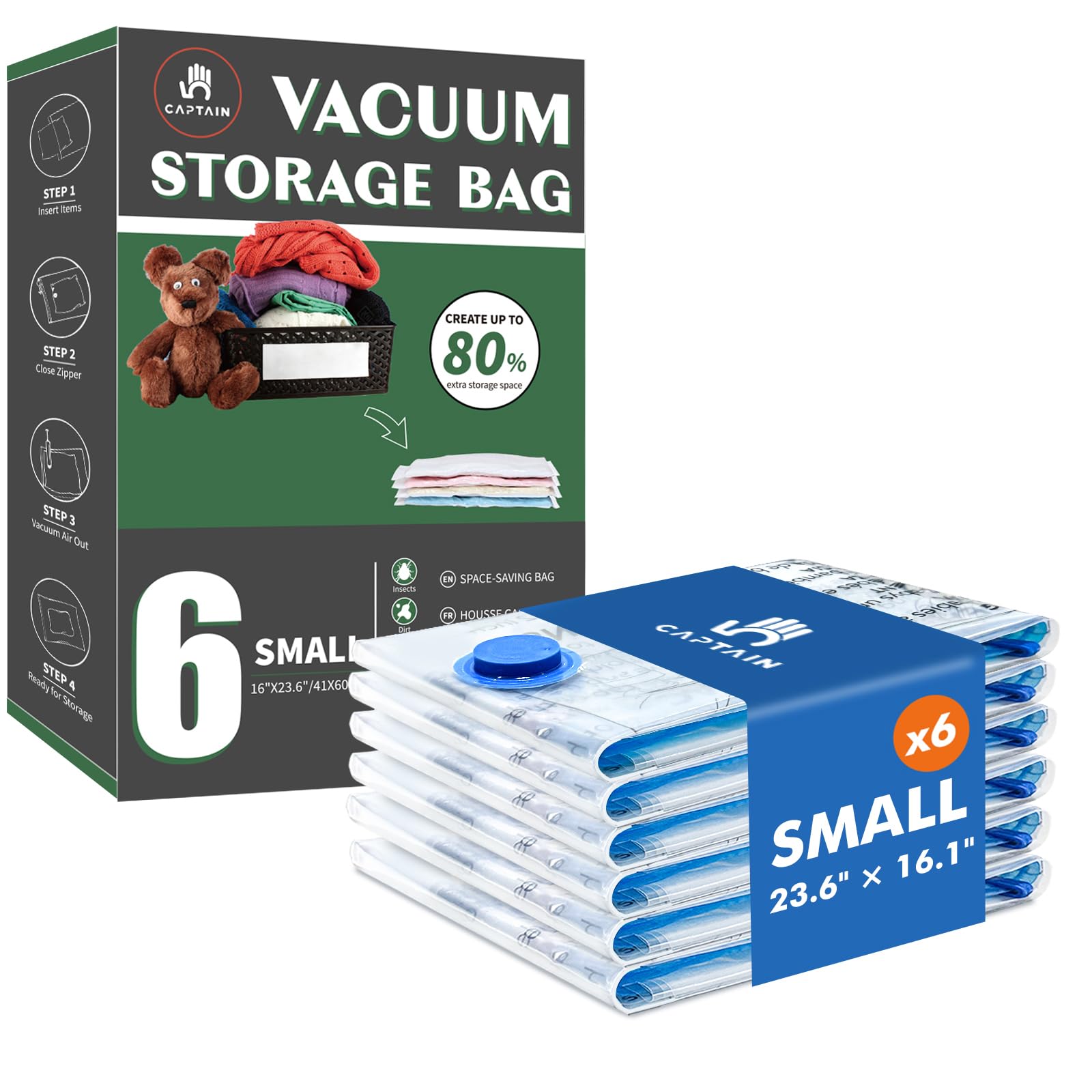 CaptainFive Small Vacuum Storage Bags 6 Packs(23.6'' x 16.1''), Small Vacuum Pack Bags for Clothes, Pillows, Comforters, duvets, Vacuum Seal Bags for Home Organization, Moving and Storage, Space Saver