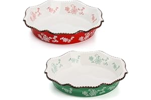 Cedilis Set of 2 Ceramic Pie Pan for Baking, 9 Inches Pie Plate, 47 Ounce Deep Dish Pie Pan, Round Baking Dish for Apple Pie, Pumpkin Pie, Red and Green