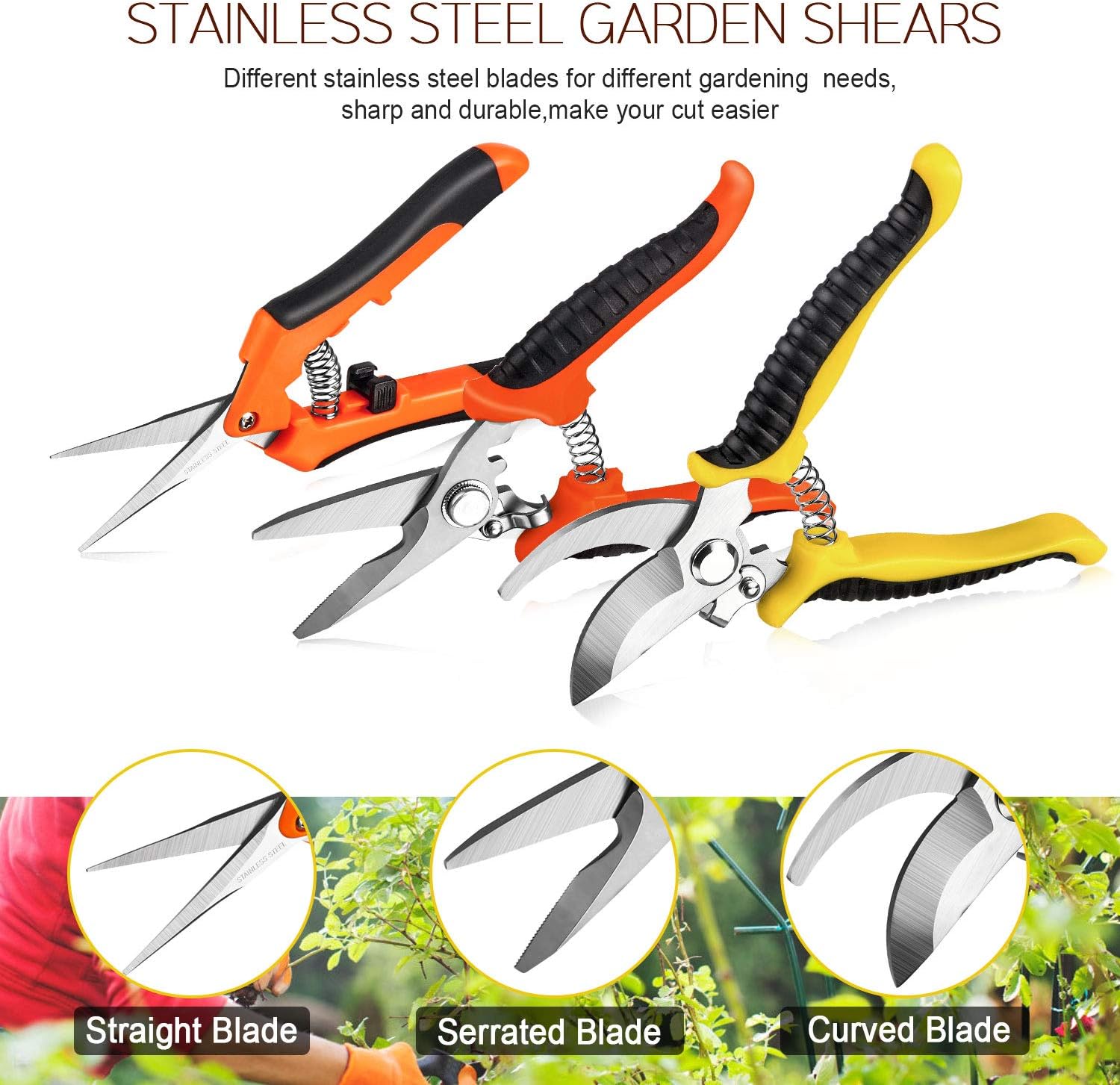 3 Pack Garden Pruning Shears Stainless Steel Blades Handheld Pruners Set with Gardening Gloves: Home Improvement