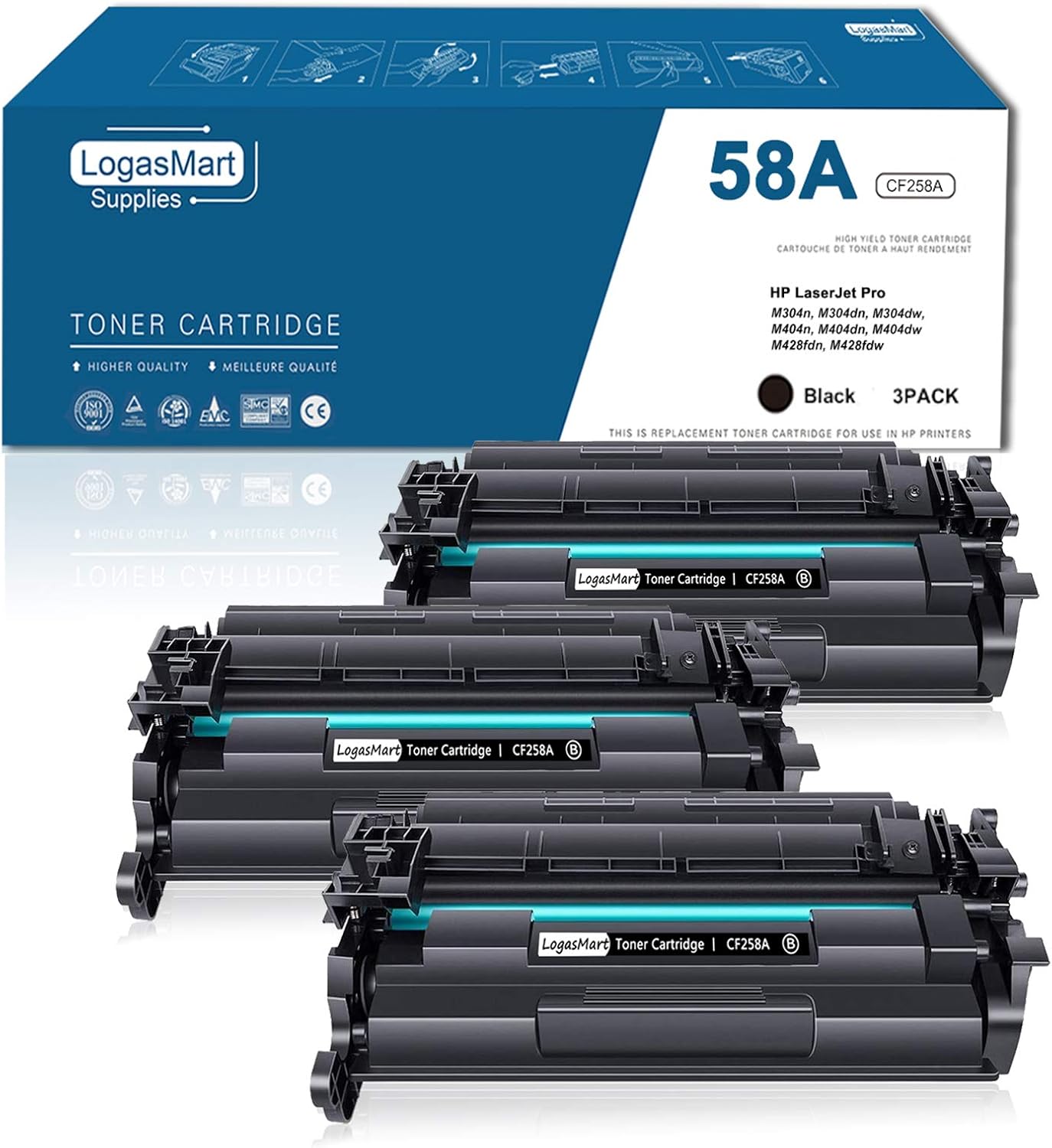 LogasMart (No Chip) 3Pack CF258A Compatible HP 58A Toner Cartridge Replacement for